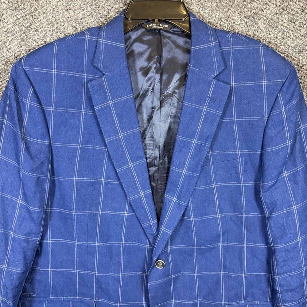 Saks Fifth Avenue 46R Ermenegildo Zegna 100% Linen Blue Windowpane Sport Coat
